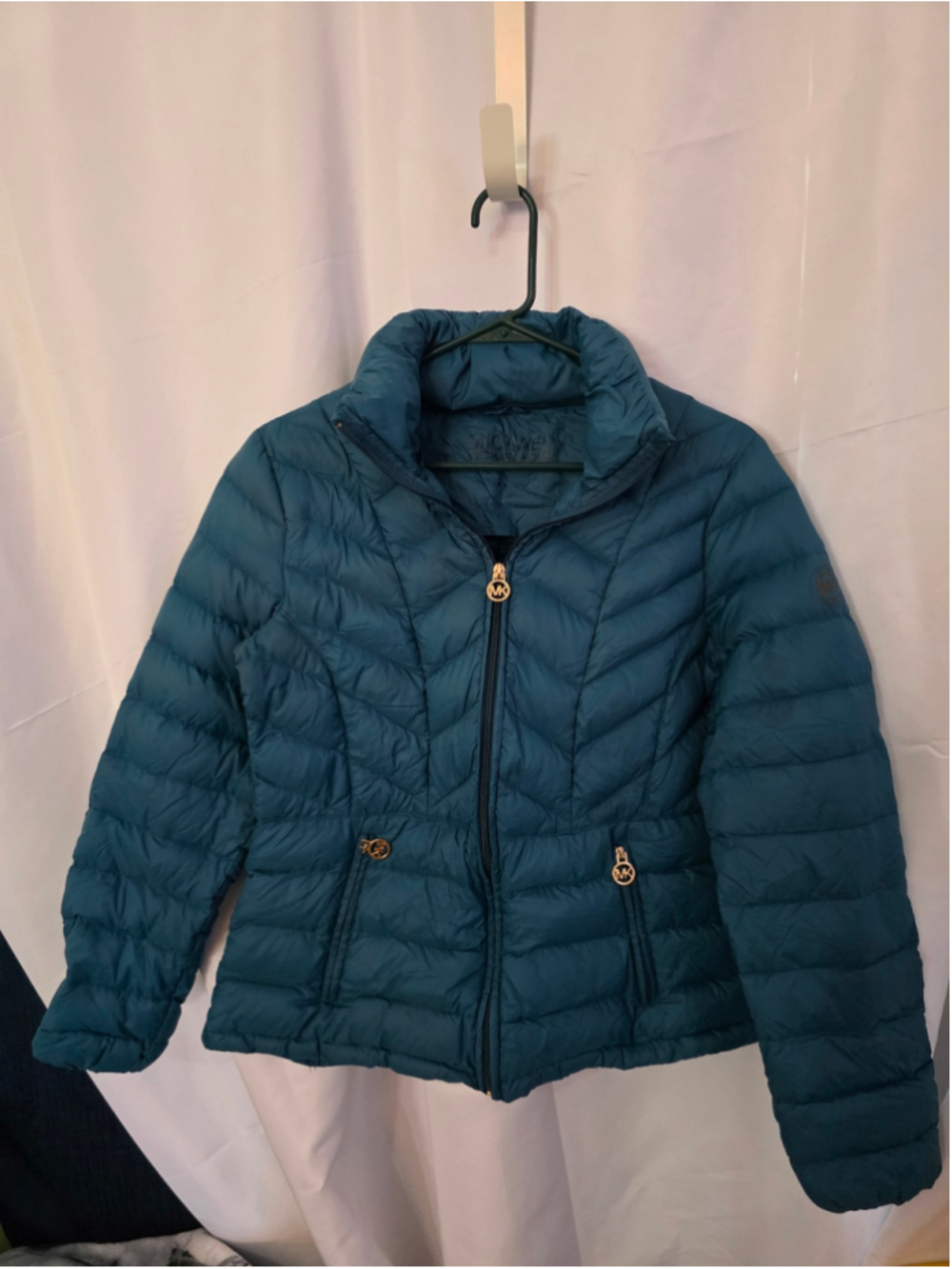Women's Michael Kors Puffer Jacket Medium Blue Gold Hardware winter fall cozy